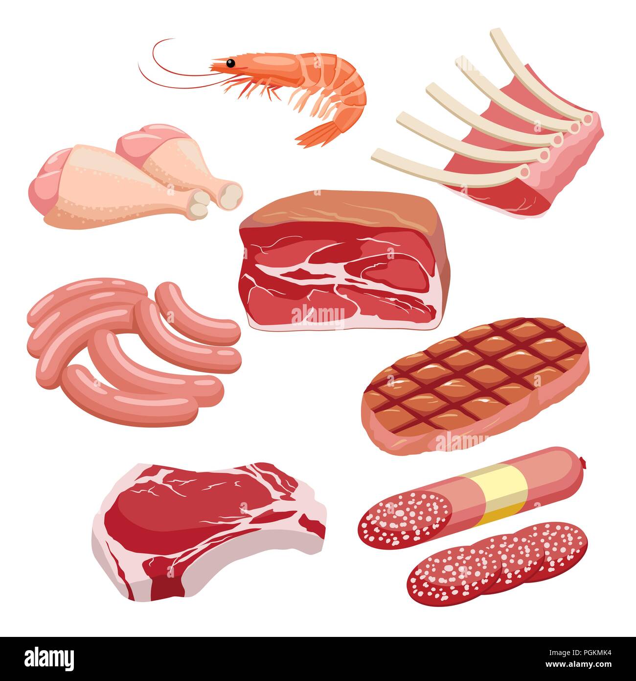 Fleisch Icon Set vektor Frisch und gegrilltes Fleisch Symbole gesetzt. Steak, Shrimps, Hähnchen, Würste, Rippen, Schweine- und Rindfleisch auf weißem Hintergrund. Stock Vektor