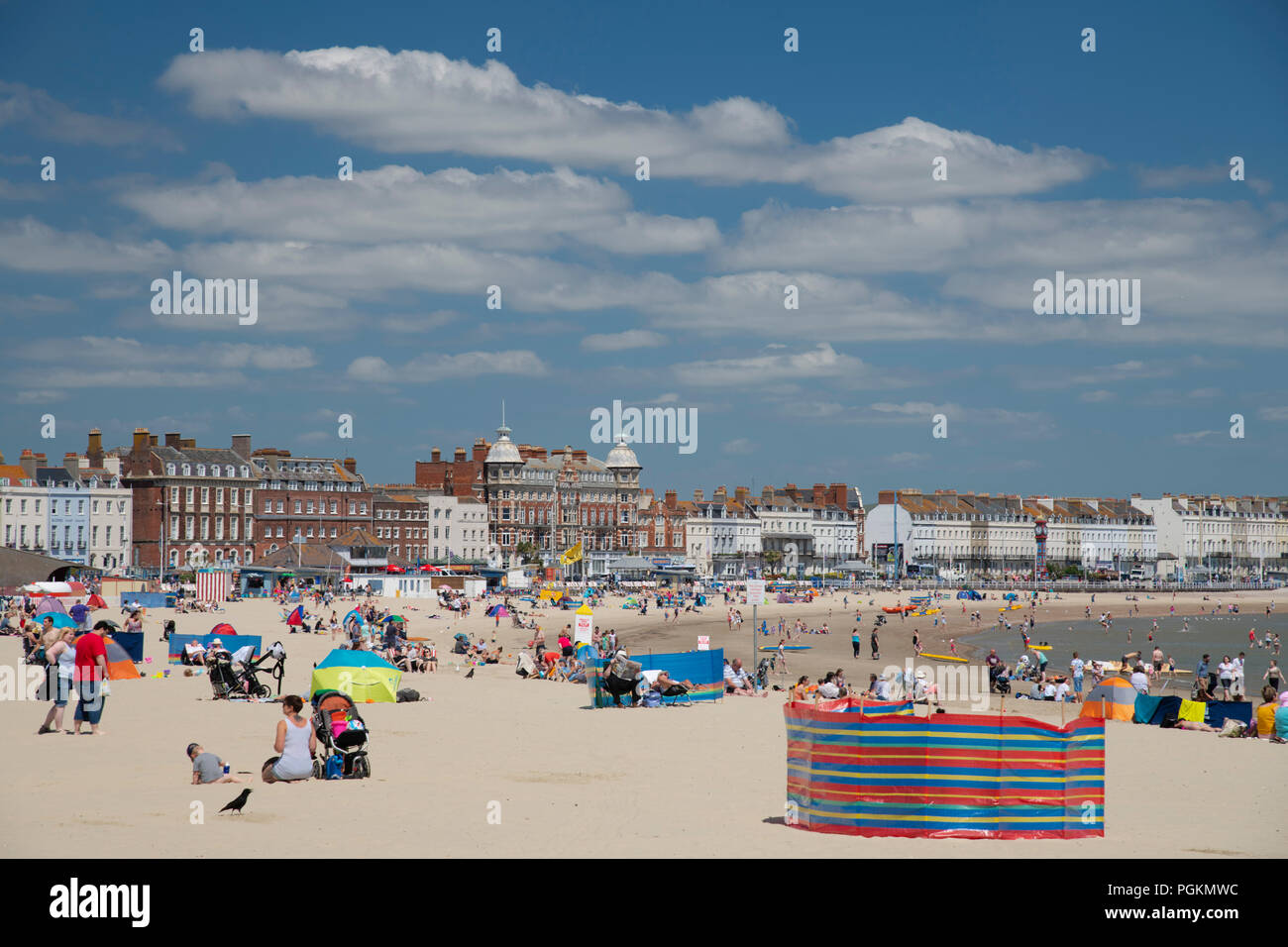 Sonnenanbeter auf Weymouth Beach, Weymouth, Dorset, Großbritannien Stockfoto