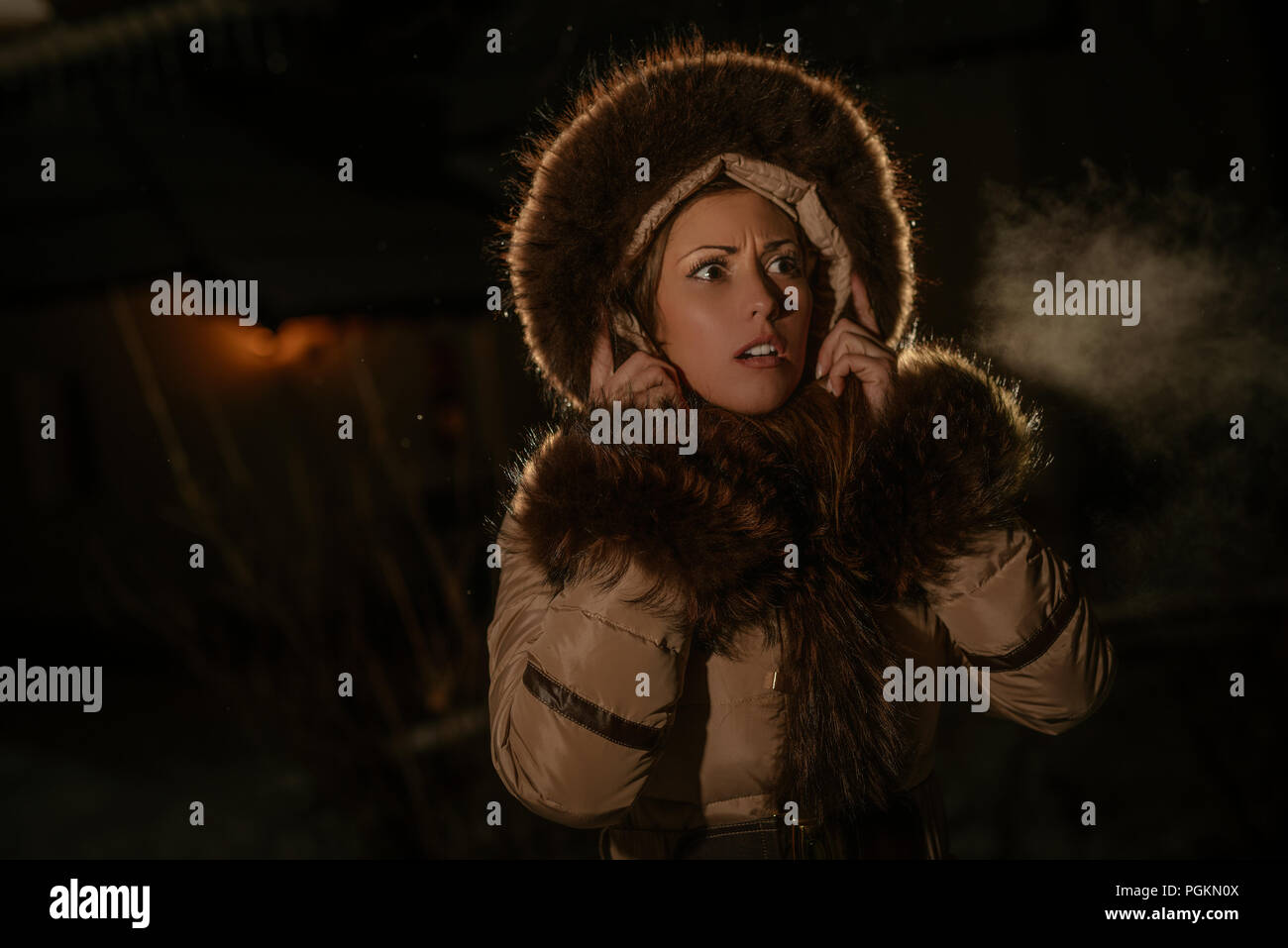 Schöne junge Frau Angst im Winter Jacke mit Fell kapuze Sorgen weg schauen. Stockfoto