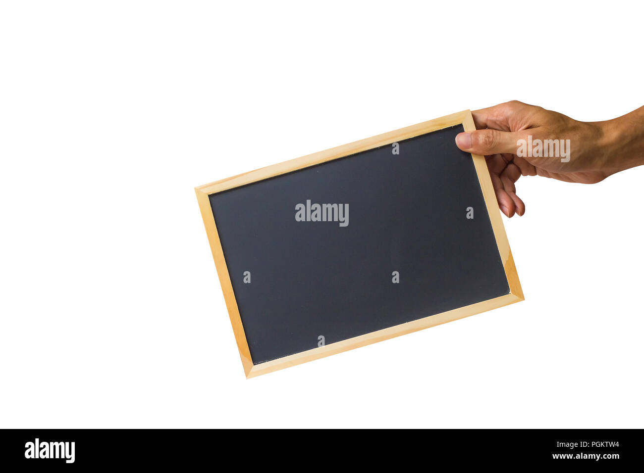 Close-up ein Mann Hand, die kleine Tafel oder Schwarzes Brett gegen den weißen Hintergrund gehören Freistellungspfad einfach zu Ausschnitt. Stockfoto