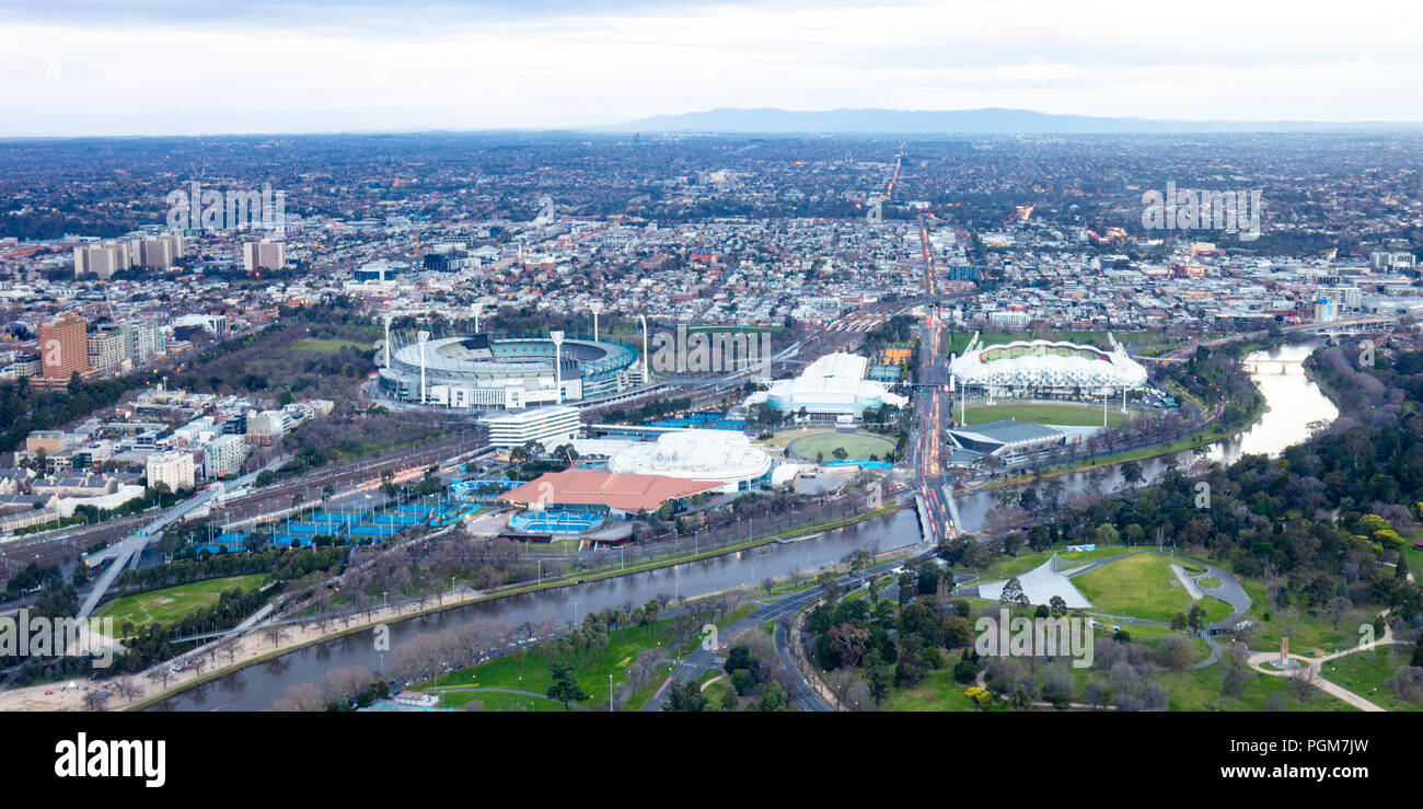 Melbourne sports Revier von Melbourne Park und das MCG bei Sonnenaufgang in Victoria, Australien Stockfoto