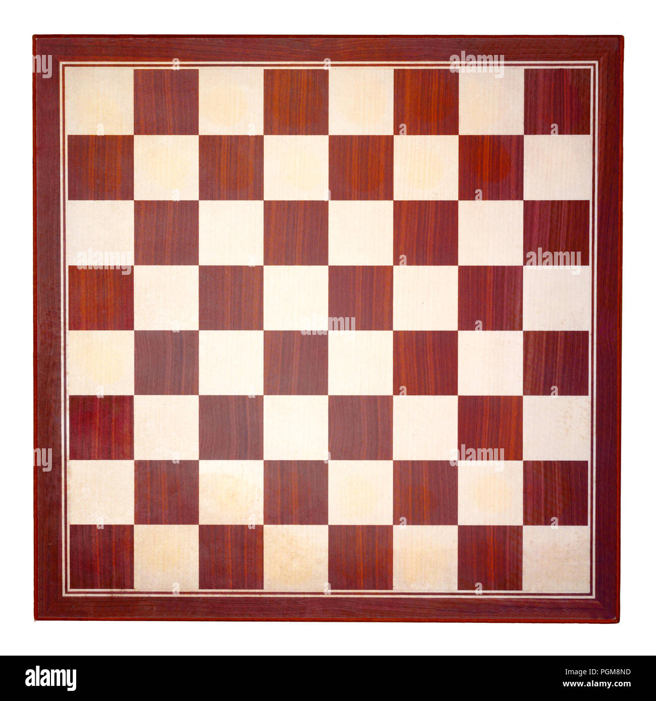 Ansicht von oben in Braun und Beige Holz- Schachbrett, auf weißem Quadrat Hintergrund Stockfoto
