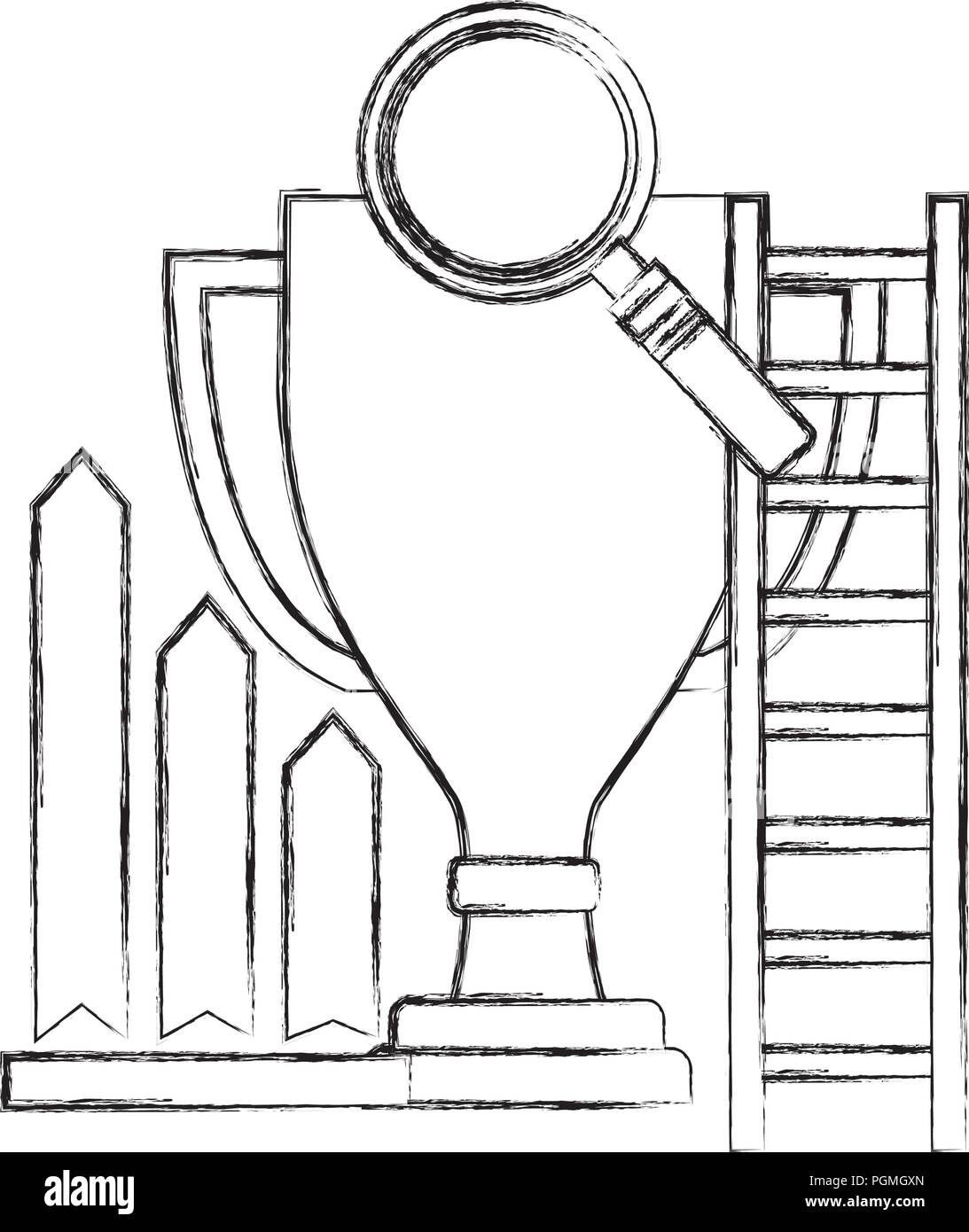 Trophy Cup mit Lupe und Symbole Stock Vektor