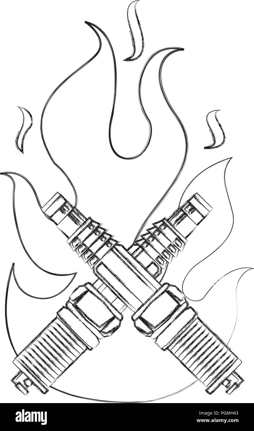 Zündkerze Motor Stücke in Flammen gekreuzt Stock Vektor