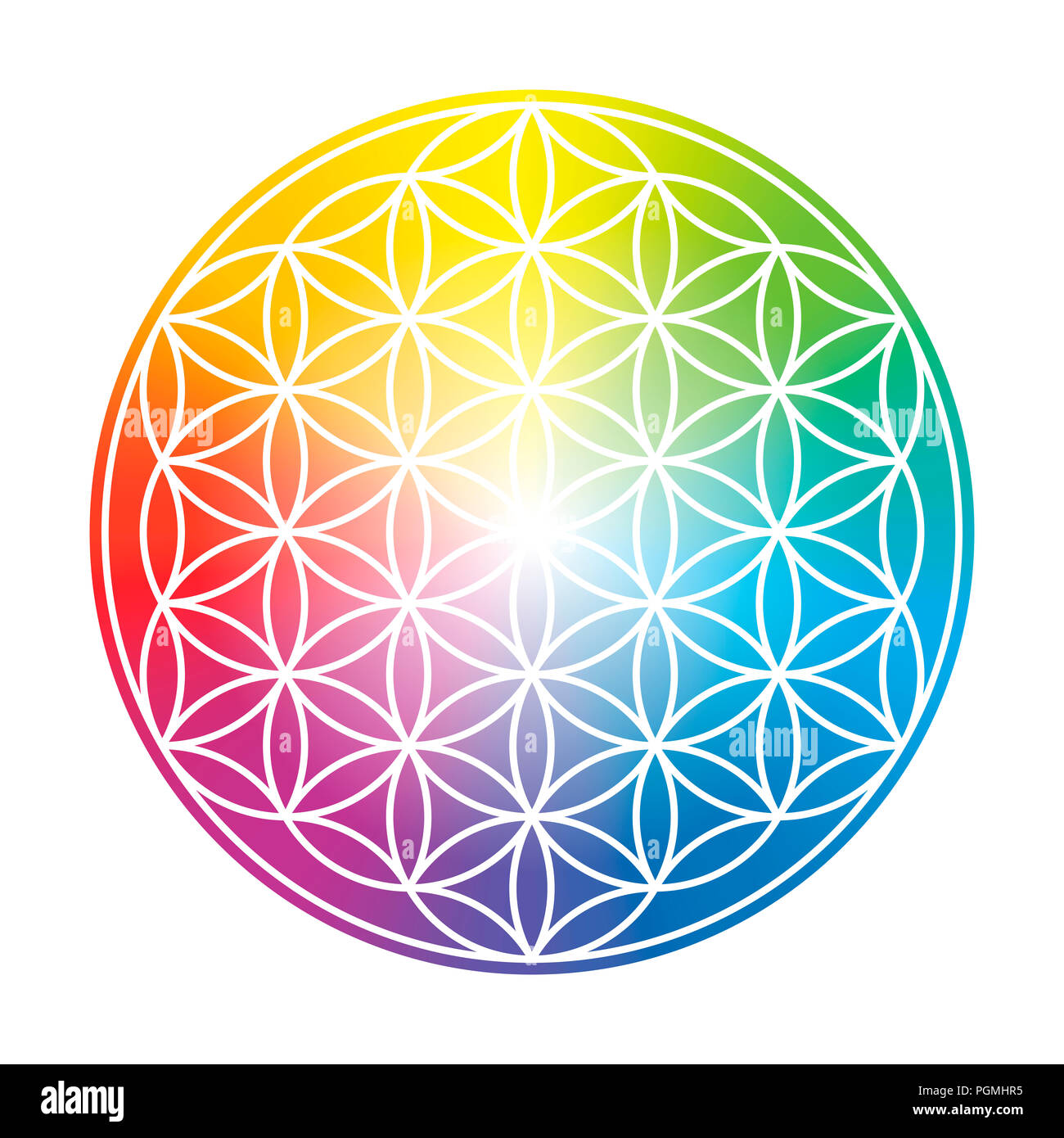 Blume des Lebens. Bunte runde Regenbogen-farbübergang Symbol auf weißem Hintergrund. Stockfoto