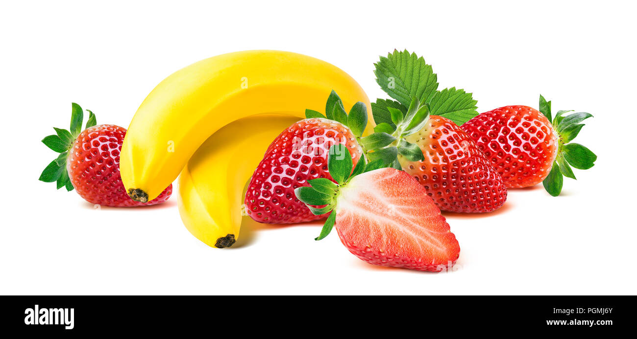 Banane Erdbeere auf weißem Hintergrund horizontal Komposition als Package Design Element isoliert Stockfoto