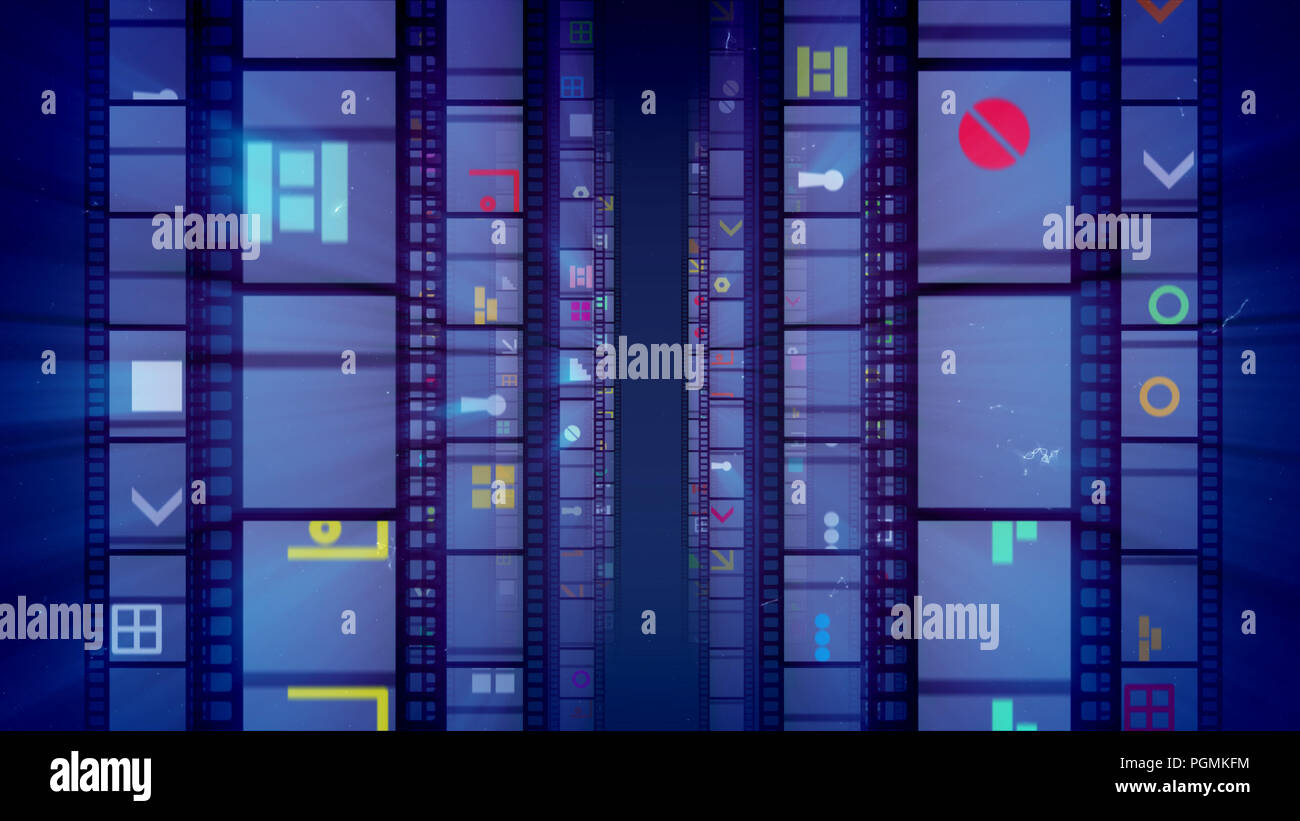 Eine auffällige 3 Abbildung d der vertikalen Film Bänder mit bunten Flecken, Plätzen, Treppen, Schlüssellöcher, Kreise, Strahler, Zahlen in der Dunkelheit vi. Stockfoto