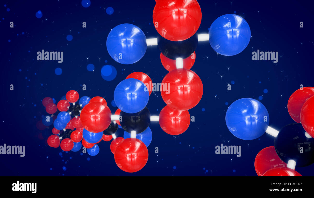 Eine erstaunliche 3D-Illustration von rot, blau und schwarz Atome in hellen molekulare Strukturen diagonal vorwärts in den blauen Hintergrund fliegen verbunden. Stockfoto