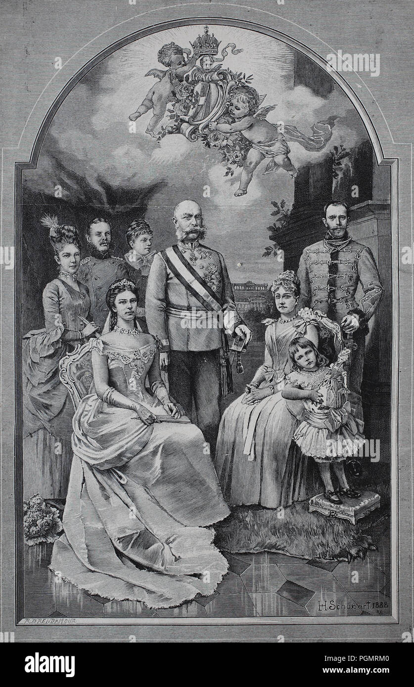 Kaiserin Elisabeth von Österreich, Franz Joseph I., Erzherzogin Marie Valerie, Erzherzogin Gisela, Stephanie und Elisabeth Leopold von Bayern, Erzherzog Rudolf, digital verbesserte Reproduktion eines Holzschnitt aus dem Jahr 1880 Stockfoto Kaiserin Elisabeth von Österreich, Franz Joseph I., Erzherzogin Marie Valerie, Erzherzogin Gisela, Stephanie und Elisabeth Leopold von Bayern, Erzherzog Rudolf, digital verbesserte Reproduktion eines Holzschnitt aus dem Jahr 1880 Stockfoto