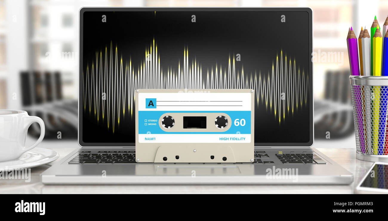 Vintage audio Kassette, auf einem Computer, blur Office Business Hintergrund. 3D-Darstellung Stockfoto