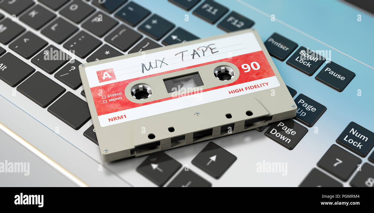 Vintage audio Kassette, text Mix Tape auf dem Etikett, das auf dem Computer keaboard. 3D-Darstellung Stockfoto