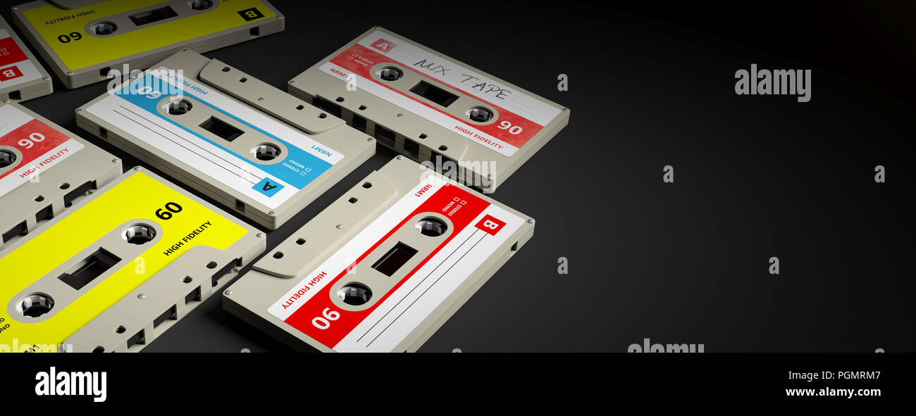70er 80er Jahre Party Musik. Vintage audio Kassetten auf schwarzem Hintergrund, Banner, kopieren. 3D-Darstellung Stockfoto
