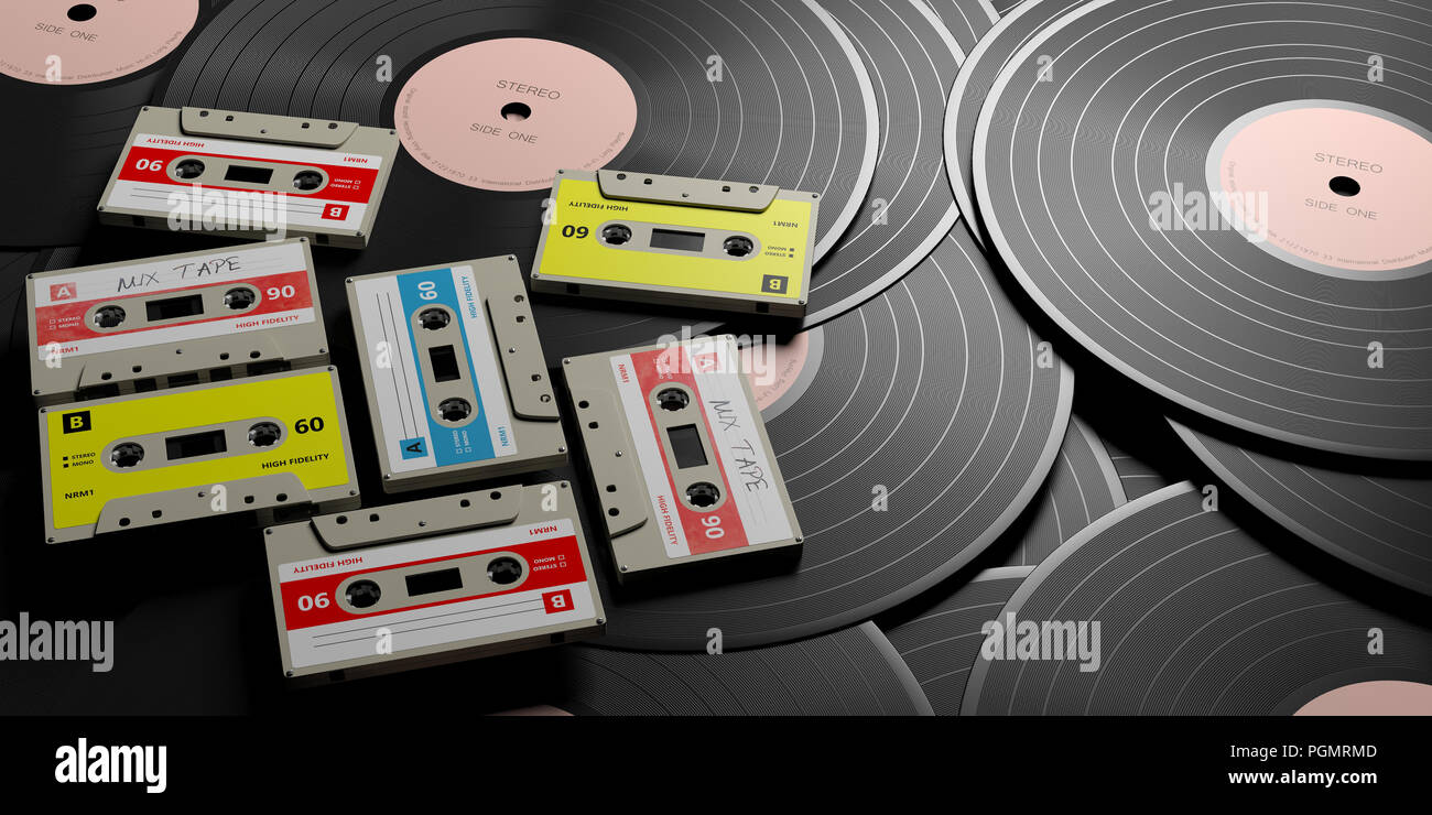 70er 80er Jahre Party Musik Vintage Audio Kassetten Und Schallplatten Hintergrund Tape Mix Label 3d Darstellung Stockfotografie Alamy