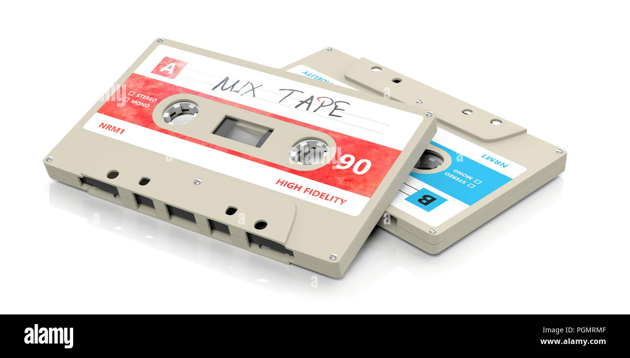 70er 80er Jahre Party Musik. Vintage audio Kassetten, Text Mix Tape auf dem Etikett, auf weißem Hintergrund. 3D-Darstellung Stockfoto