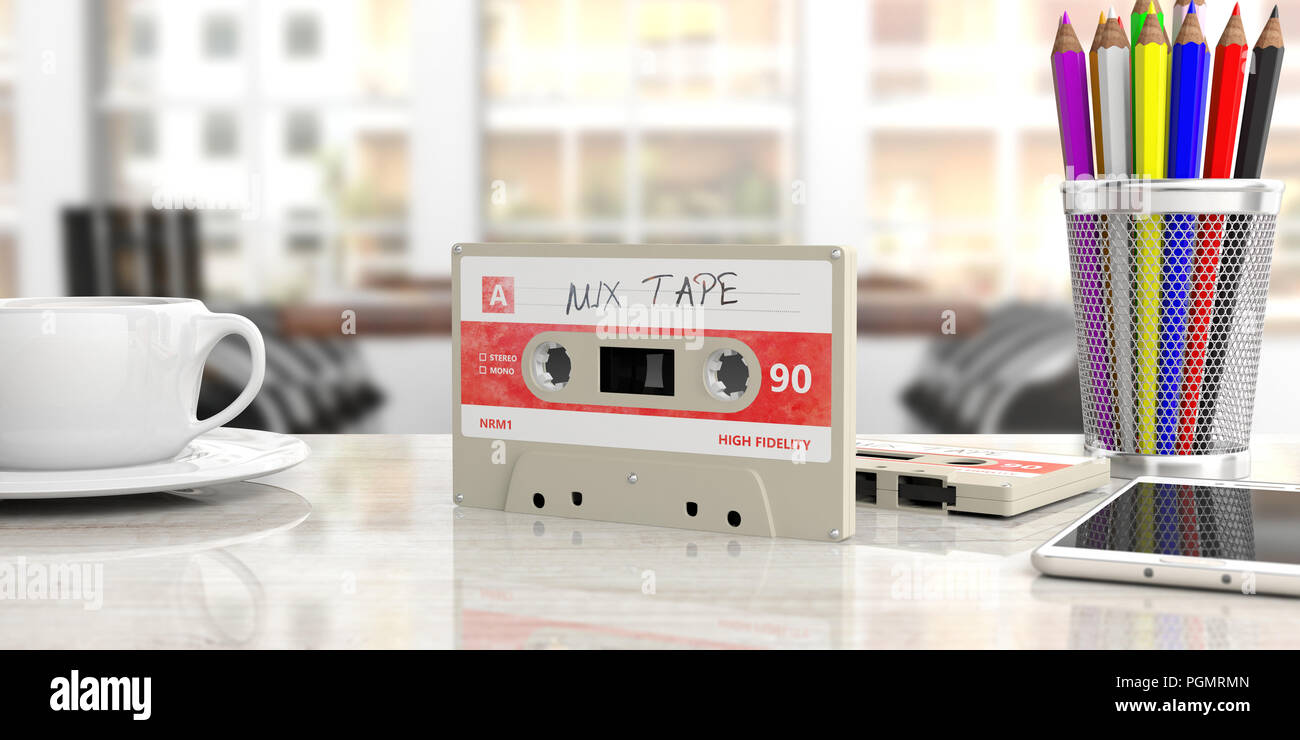 Vintage audio Kassette, text Mix Tape auf dem Etikett, auf einem Büro Schreibtisch, blur Geschäft Hintergrund. 3D-Darstellung Stockfoto