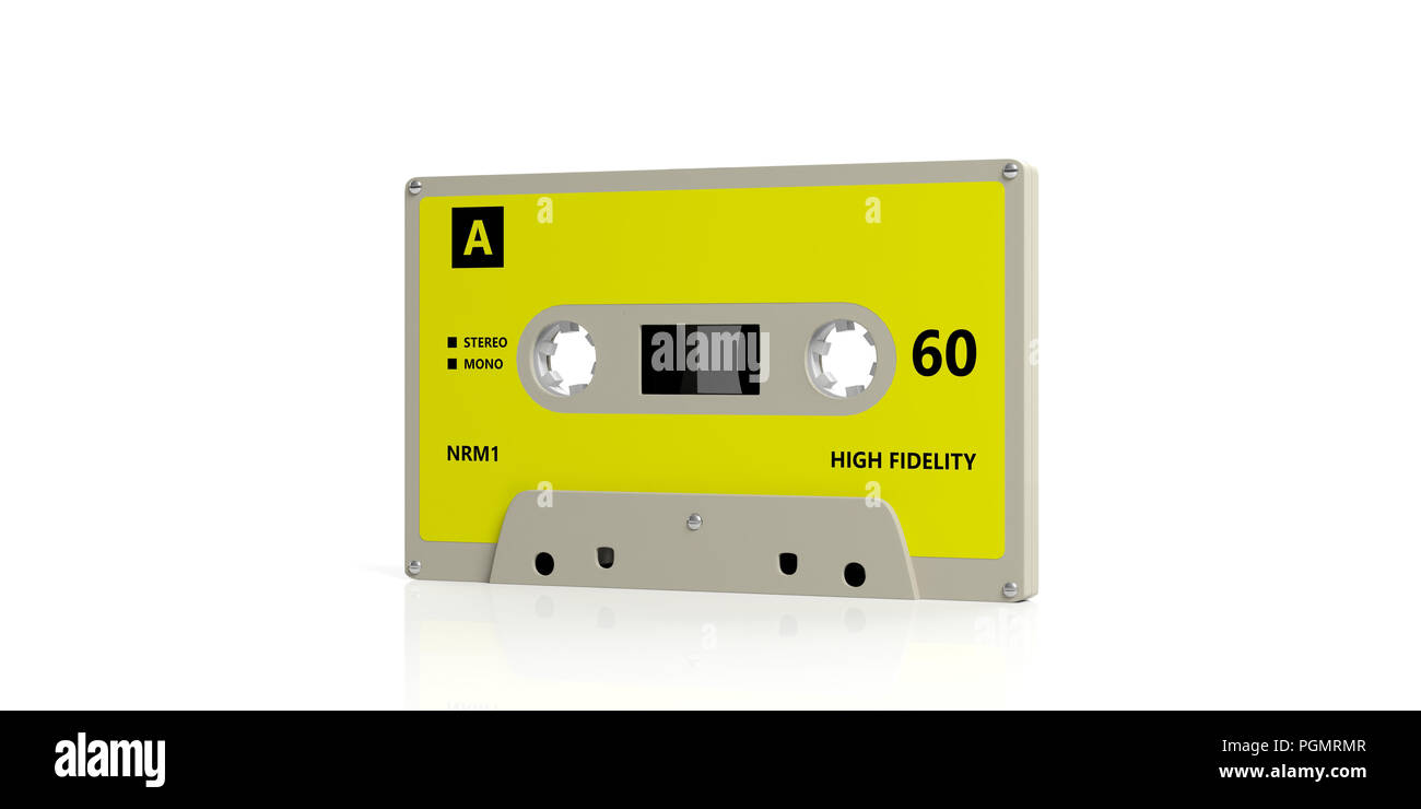 70er 80er Jahre Party Musik. Vintage Audio Cassette mit leuchtend gelben Label auf weißem Hintergrund. 3D-Darstellung Stockfoto