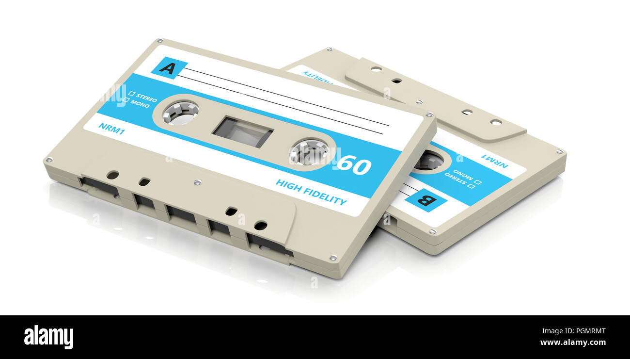 70er 80er Jahre Party Musik. Vintage audio Kassetten mit Blue Label auf weißem Hintergrund. 3D-Darstellung Stockfoto