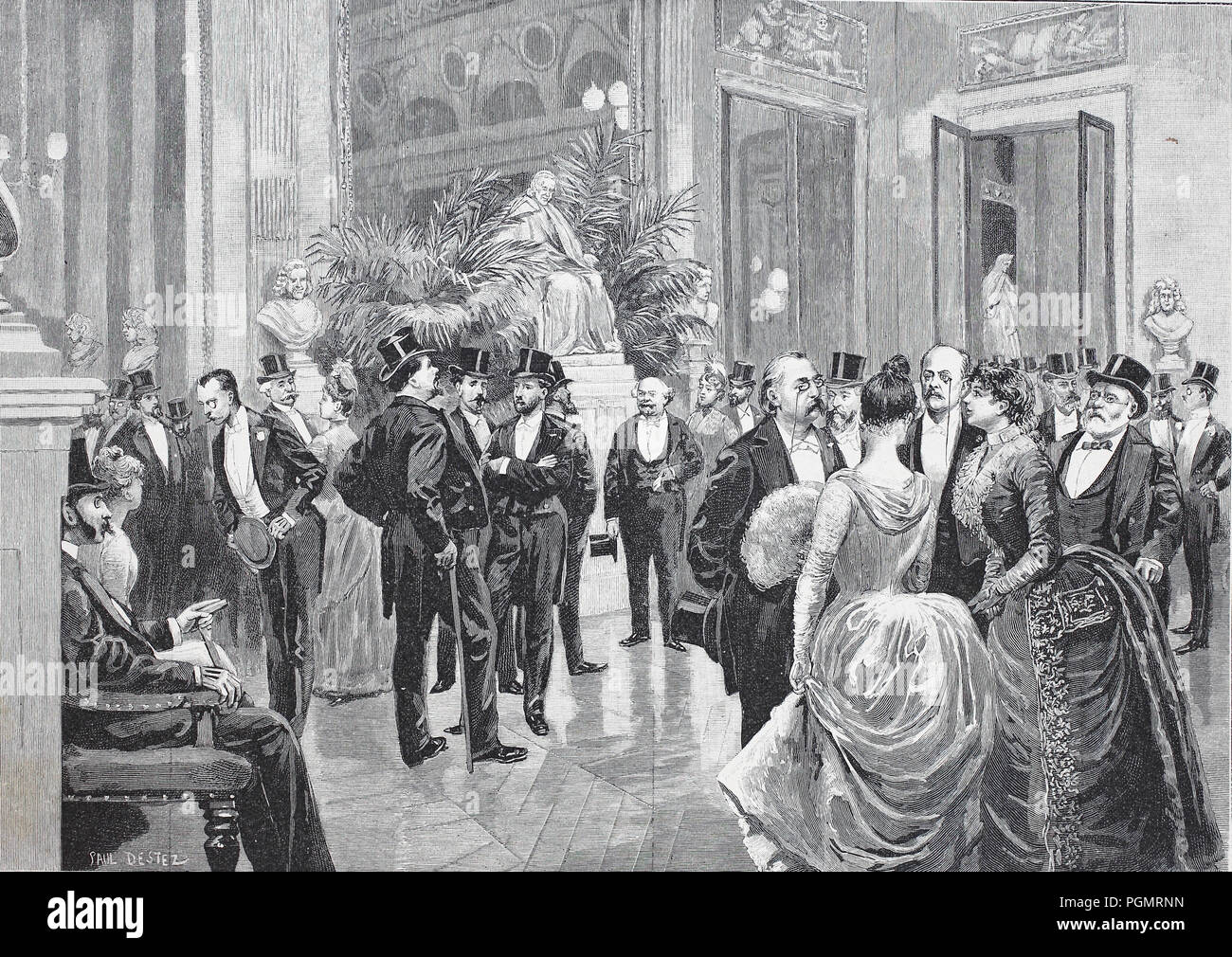 Foyer, im Inneren des Theaters Francais in New York, Amerika, digital verbesserte Reproduktion eines Holzschnitt aus dem Jahr 1880 Stockfoto