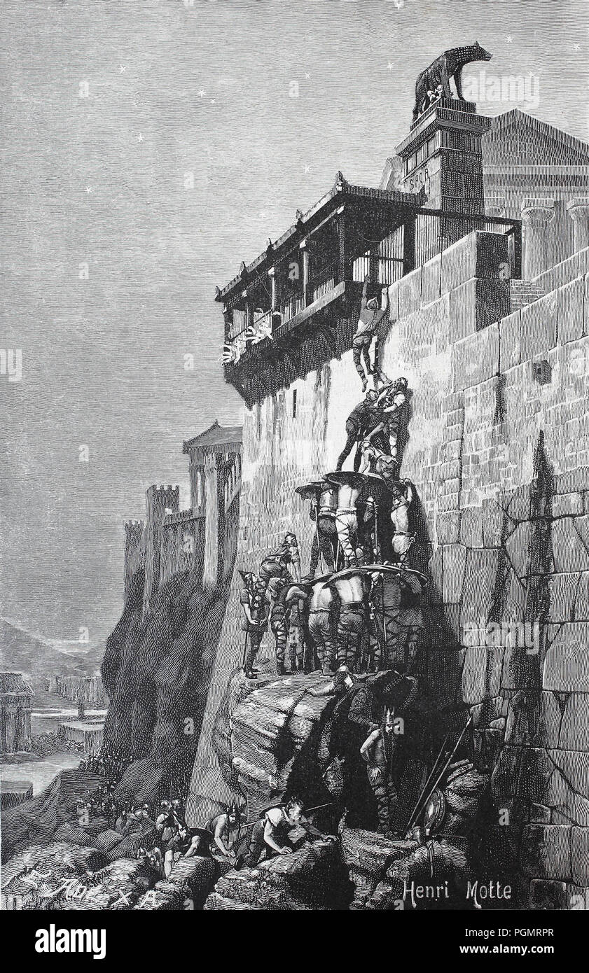 Die Rettung des Kapitol in Rom durch den Heiligen Gänse, digital verbesserte Reproduktion eines Holzschnitt aus dem Jahr 1880 Stockfoto