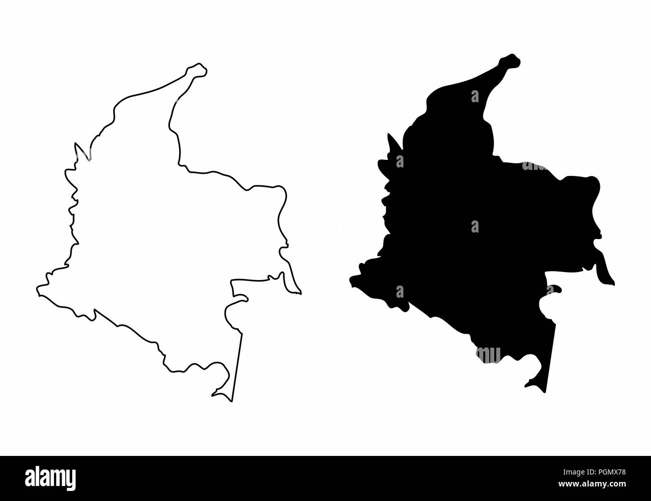 Vereinfachte Karten von Kolumbien. Schwarze und weiße Umrisse. Stock Vektor