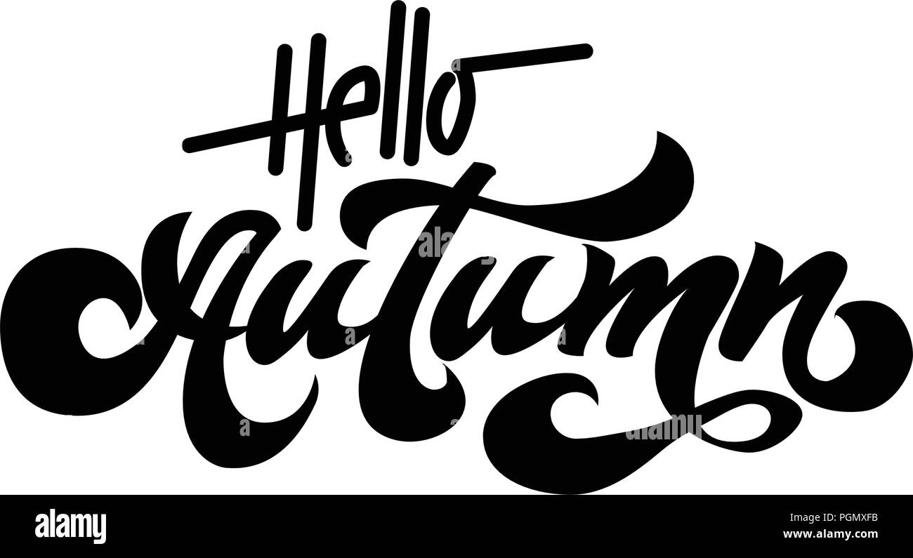Hallo Herbst. Hand gezeichnet Kalligraphie und Pinsel, Stift Schriftzug. Design für Urlaub Grußkarte und Einladung von saisonalen Herbst Urlaub. Schwarz auf Weiß Stock Vektor