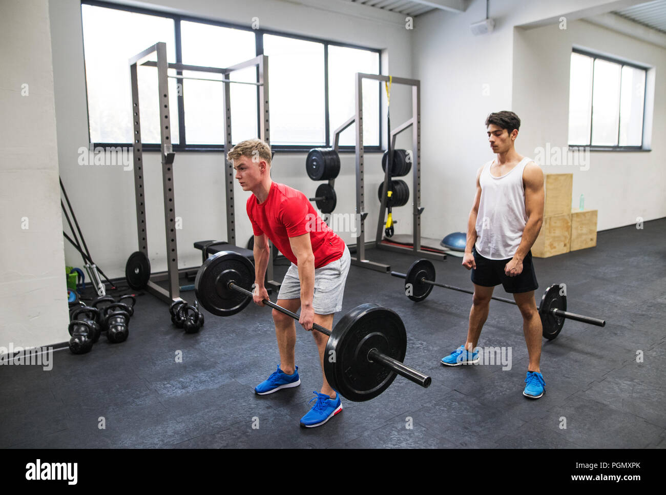 Junge schöne Männer fit im Fitnessraum trainieren, Hebezeuge bar Der langhantel, Verwindung Muskeln. Stockfoto