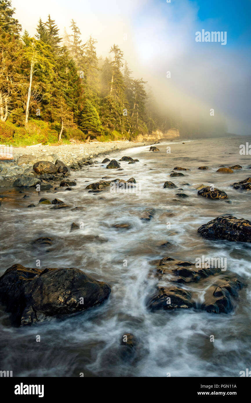 Felsige Küstenlinie von Mystic Beach - Juan De Fuca Marine Trail - Sooke, in der Nähe von Victoria, Vancouver Island, British Columbia, Kanada Stockfoto