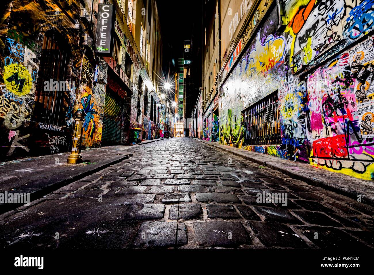Hosier Lane, Melbourne, Street Art, Nacht, Langzeitbelichtung Stockfoto