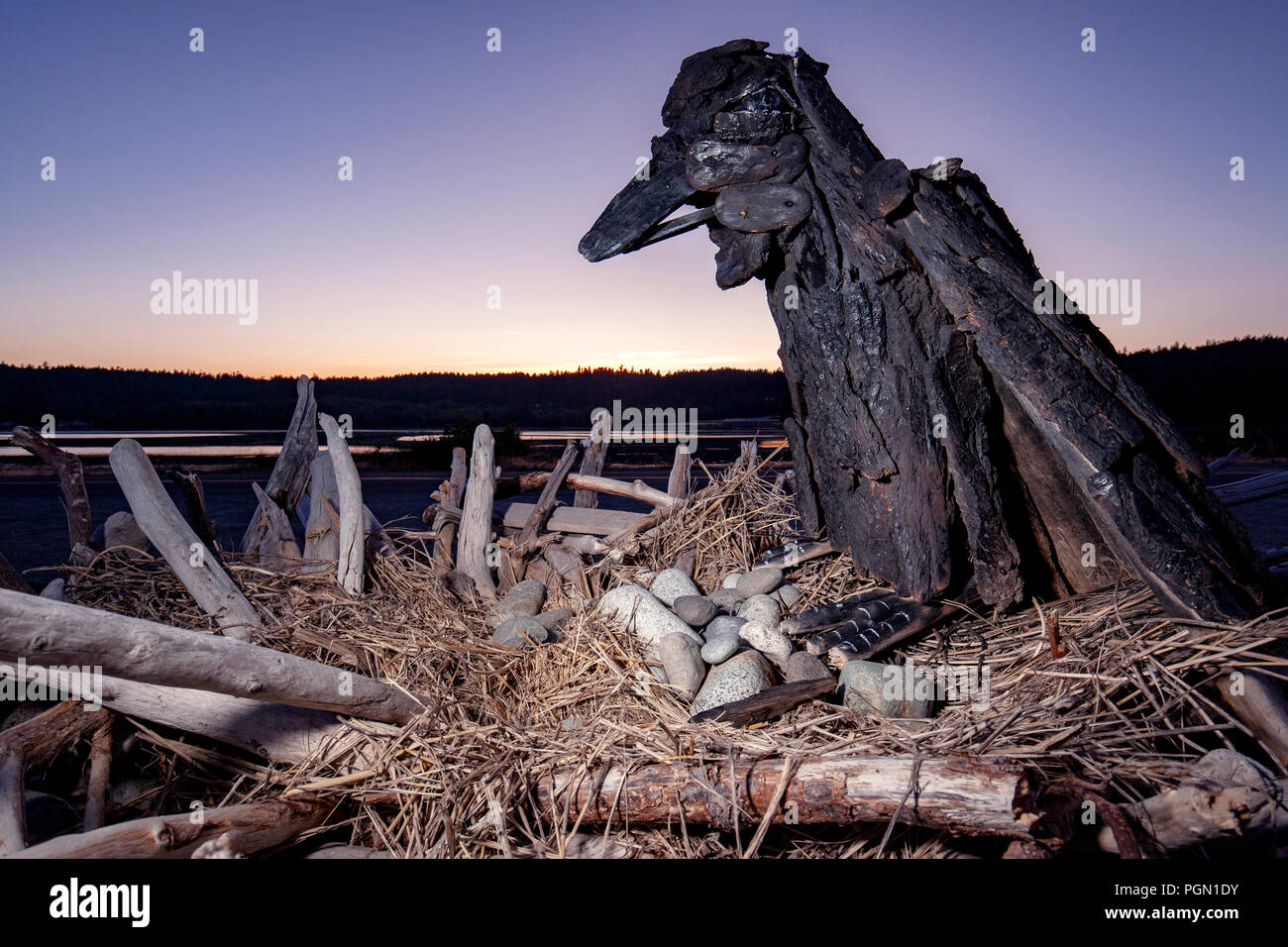 Raven - Driftwood Kunst von Paul Lewis - esquimalt Lagune, Victoria, Vancouver Island, British Columbia, Kanada Stockfoto