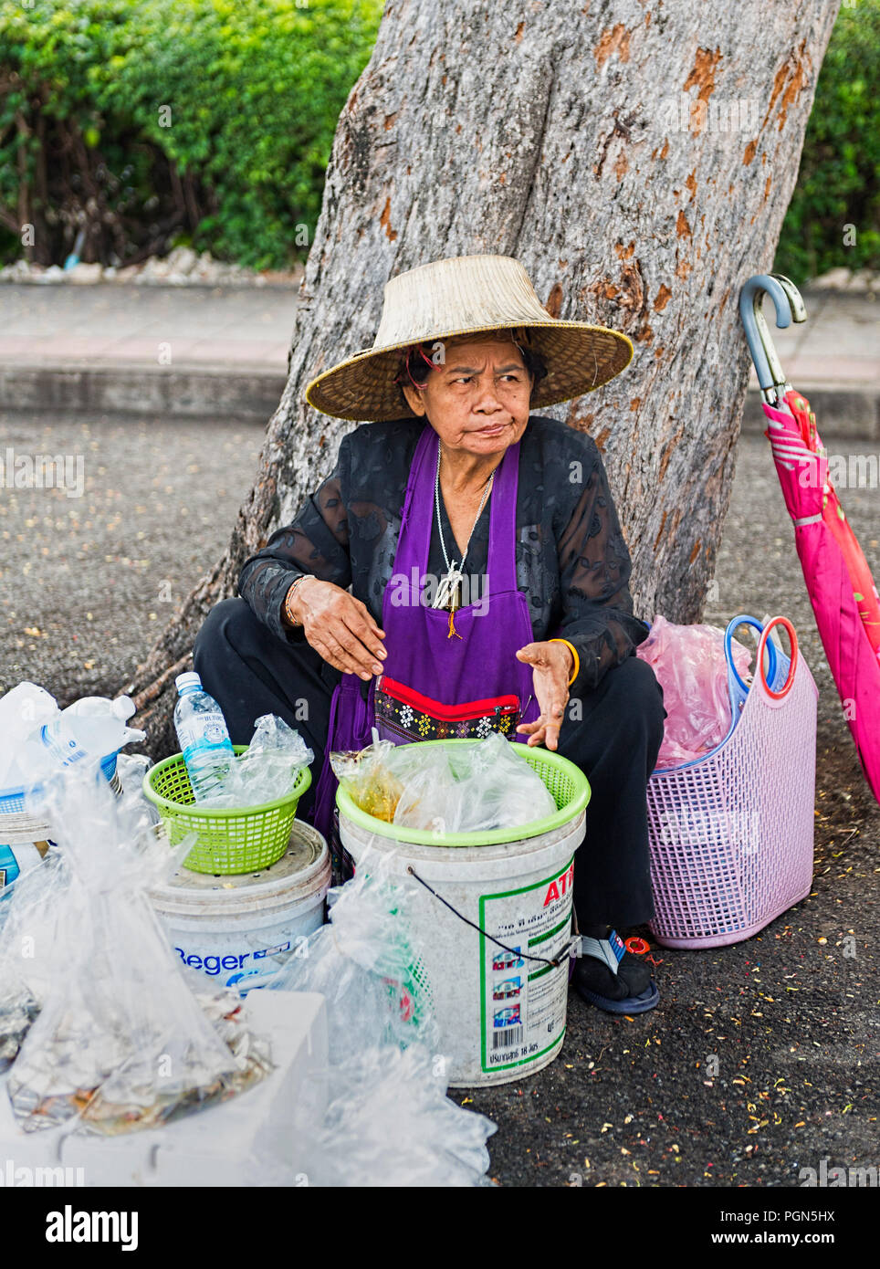 Thai Lady holding Beutel der Fisch an Touristen zu verkaufen. Stockfoto