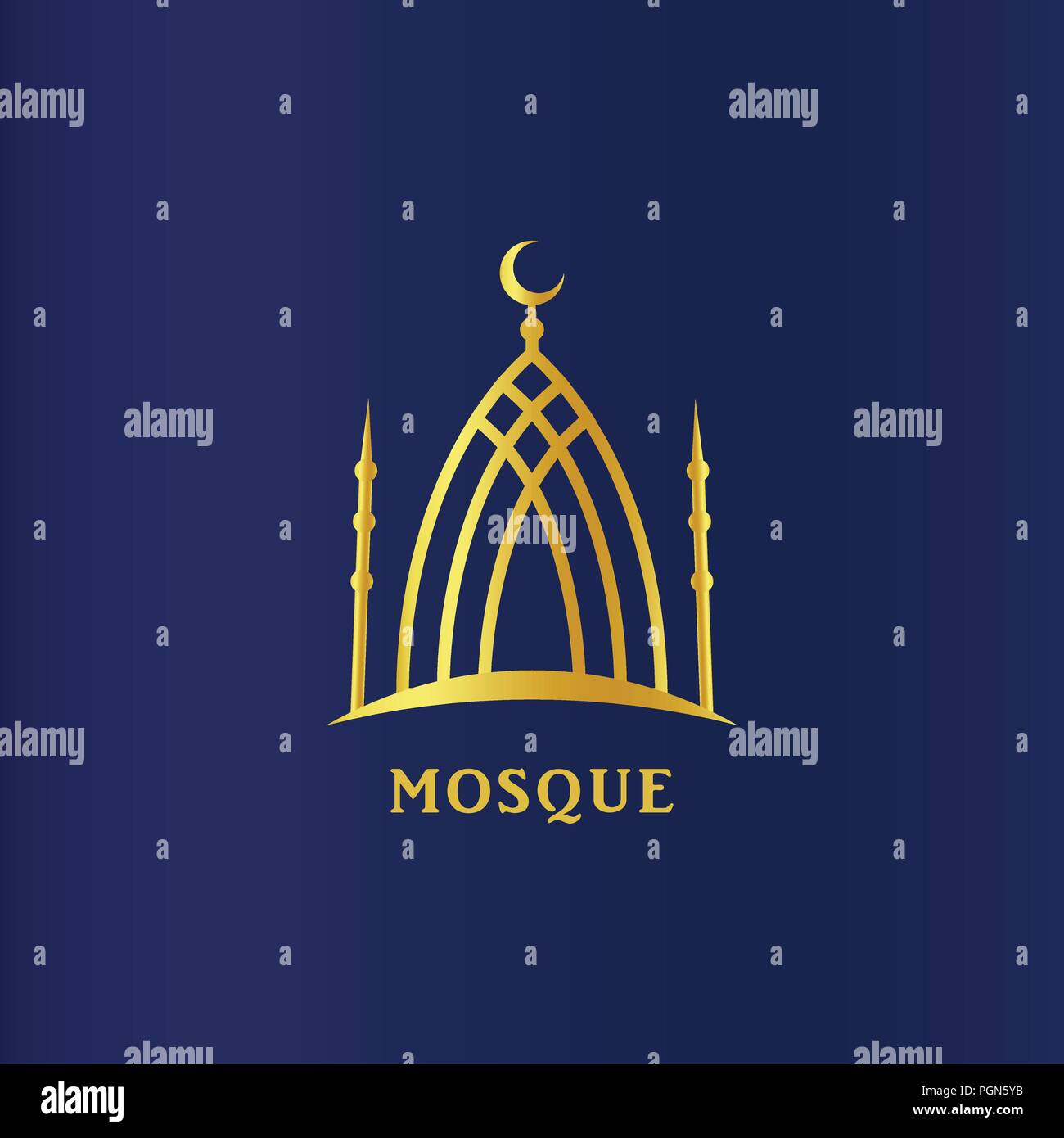 Islamische Moschee linearen Silhouette. Cresent auf Dome, Islam Symbol. Religion Vektorsymbol, logo Vorlage auf dunkelblauem Hintergrund. Stock Vektor