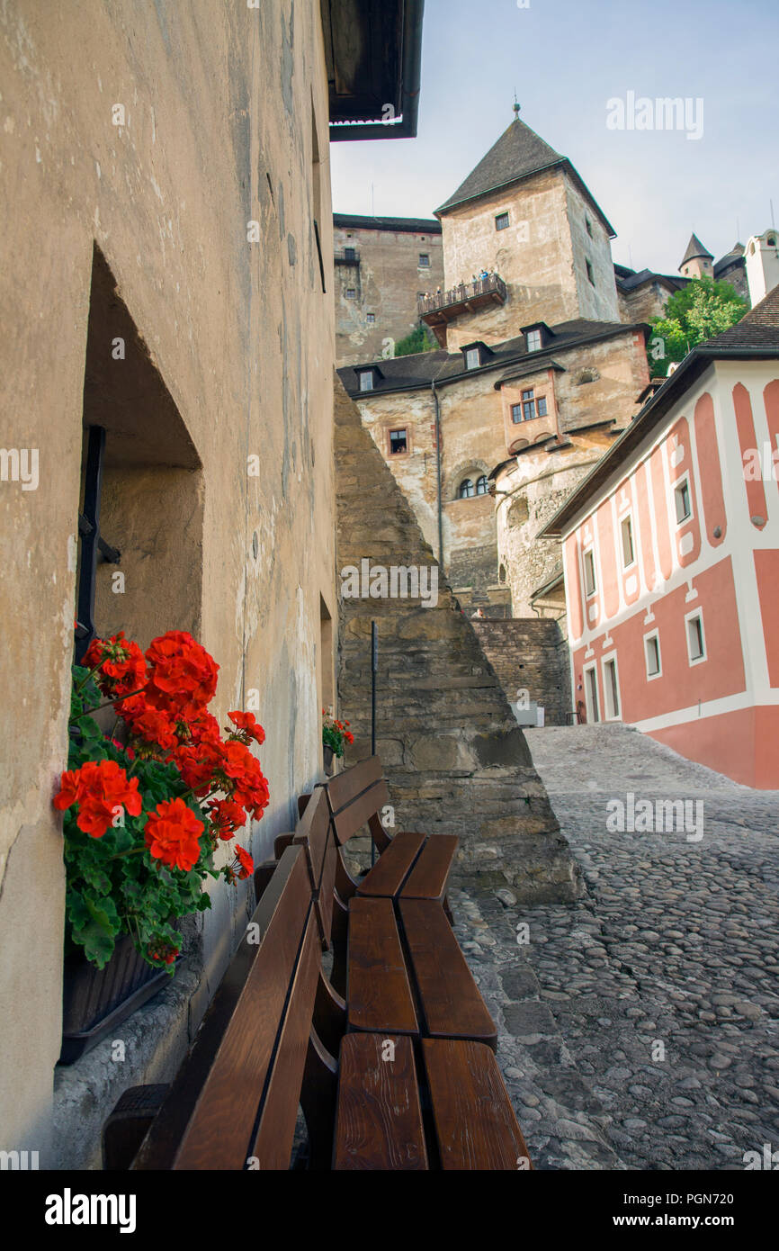 Rote Geranien (Pelargonium) auf der Burg, Burg Orava, Slowakei. Stockfoto