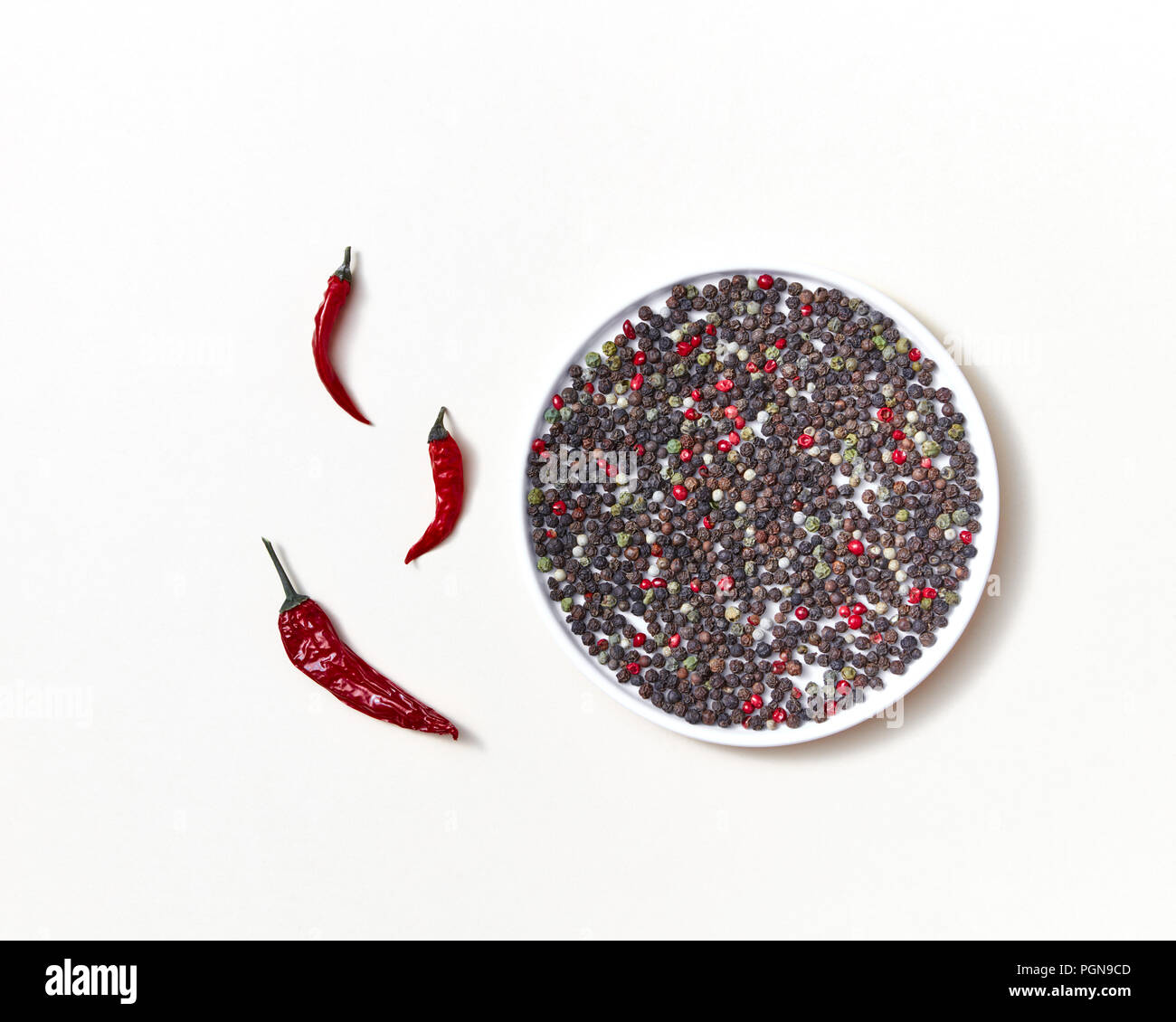 Rotes Rohr pods von red chili peppers mit Mix von verschiedenen Arten von Pfeffer auf einem weißen Teller auf einem weißen. Stockfoto