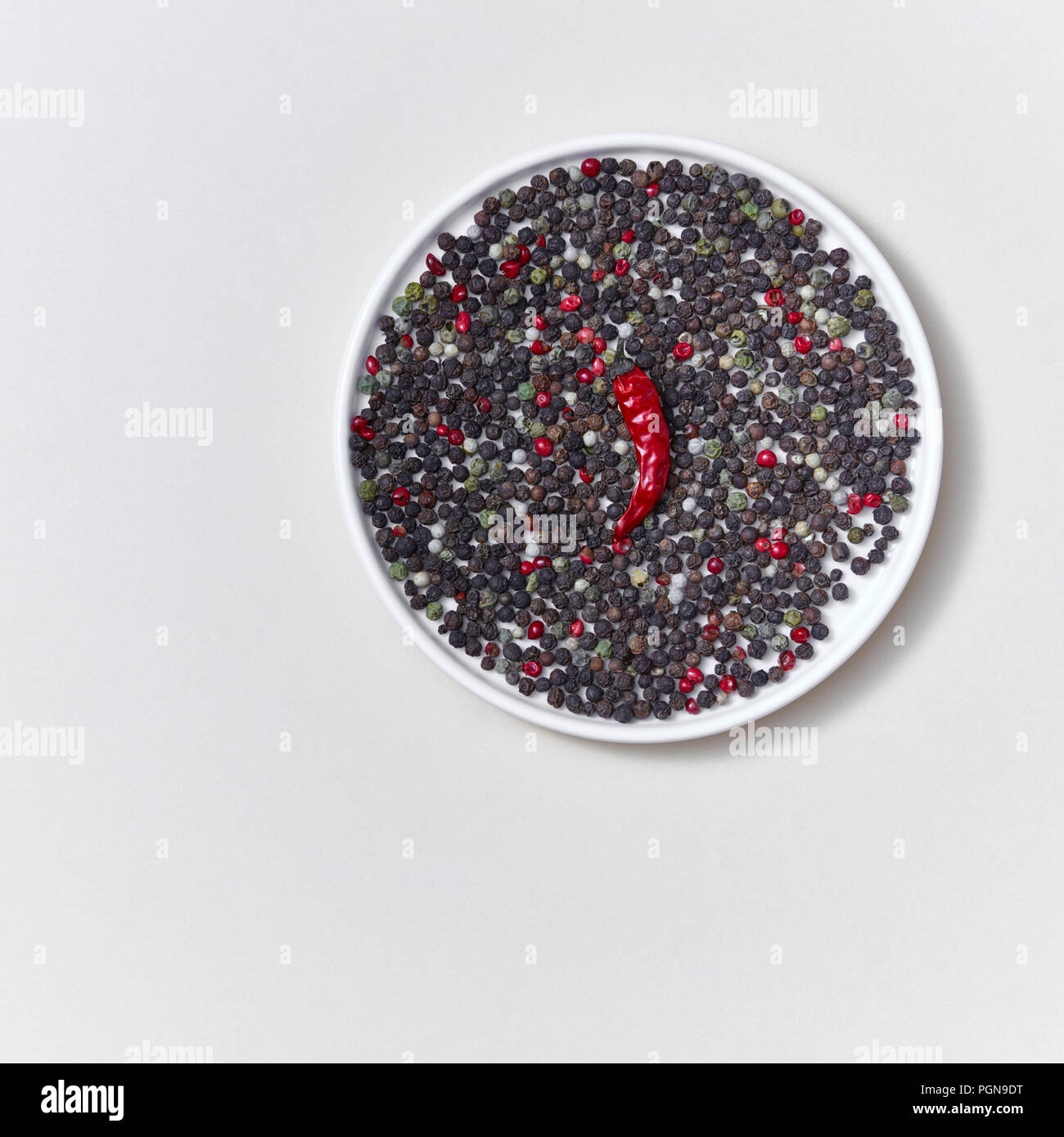 Bunte dekorative Muster von Arten, die verschiedene Arten von Peper und Pod von red chili auf einer weißen Platte auf einem weißen. Stockfoto