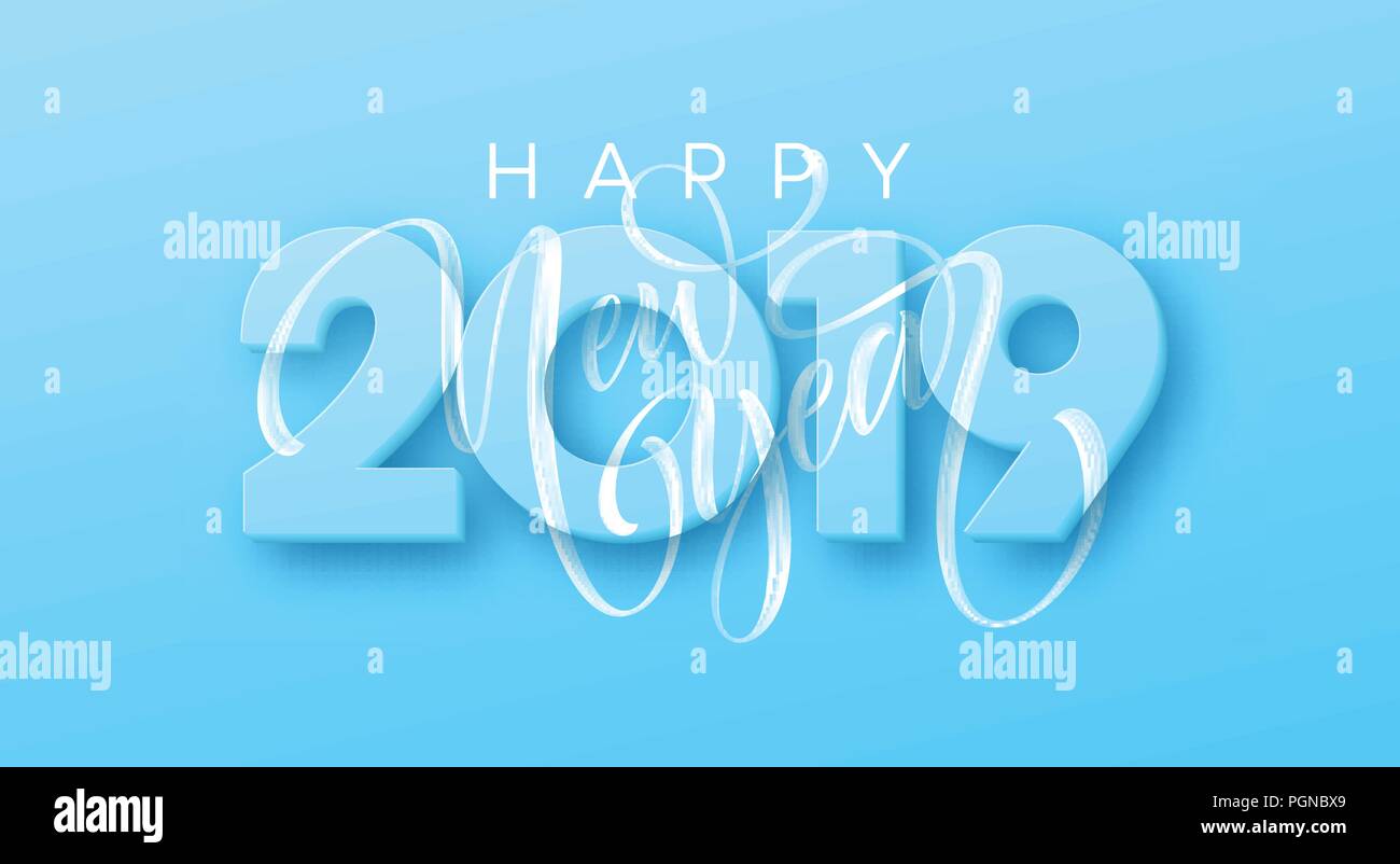 Handgezeichneten Schriftzug Frohes Neues Jahr 2019 auf blauem Hintergrund. Vector Illustration Stock Vektor