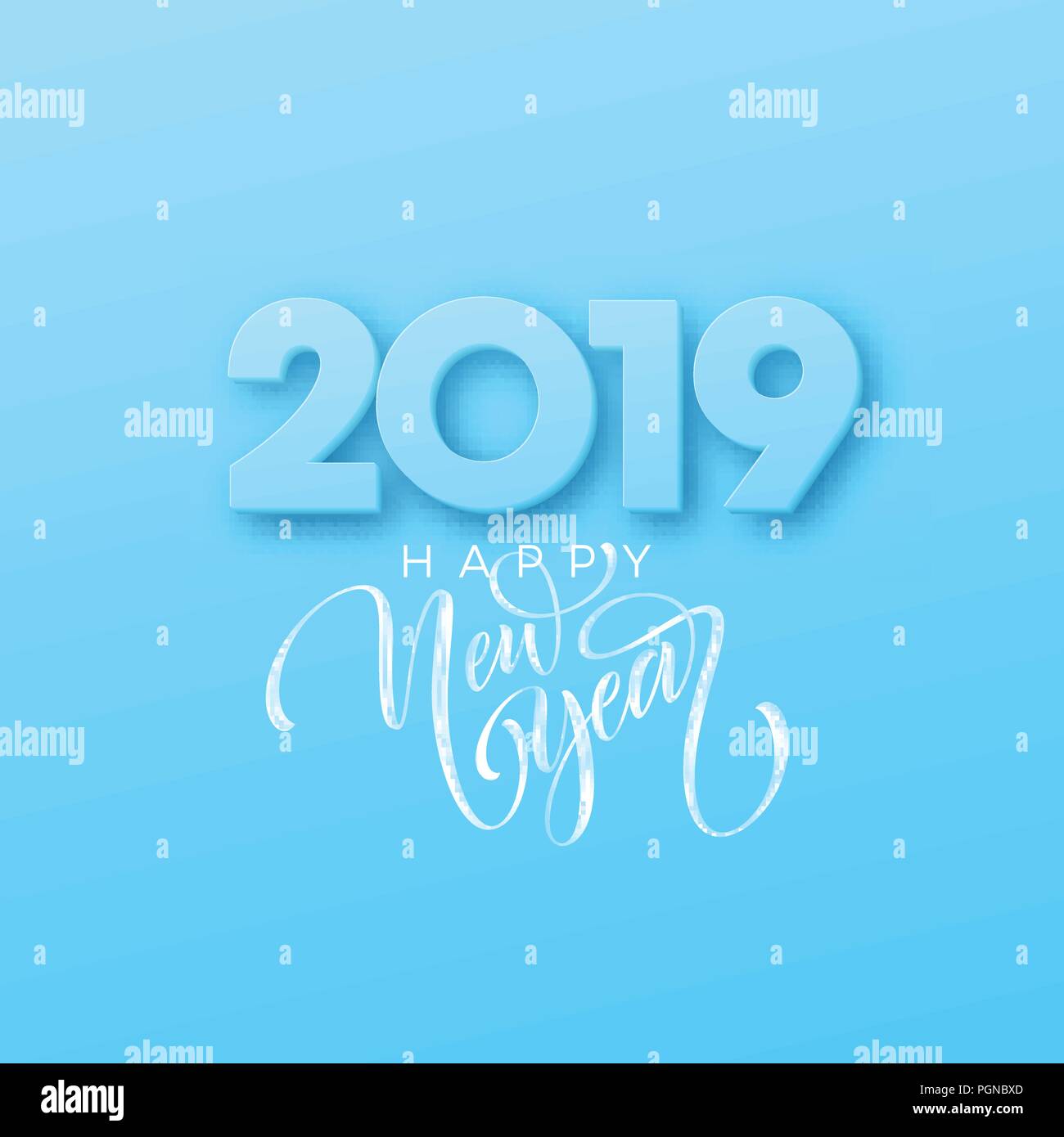 Handgezeichneten Schriftzug Frohes Neues Jahr 2019 auf blauem Hintergrund. Vector Illustration Stock Vektor