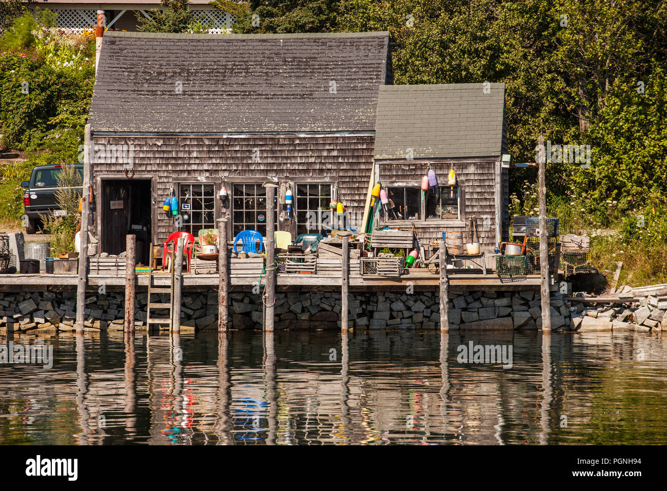 Angeln shack im Hafen von Port Clyde, Maine Stockfoto