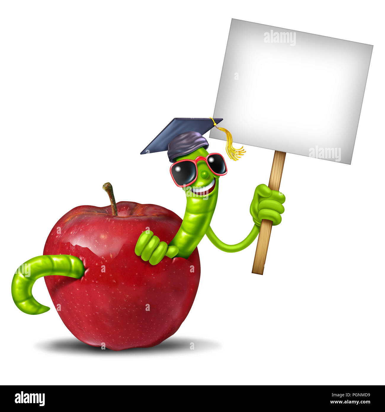 Schule Wurm leer Zeichen als Ausbildung zurück zu Schule Konzept wie ein roter Apfel mit einem glücklichen Lächeln Green Book Worm das Tragen einer skalenhaube. Stockfoto