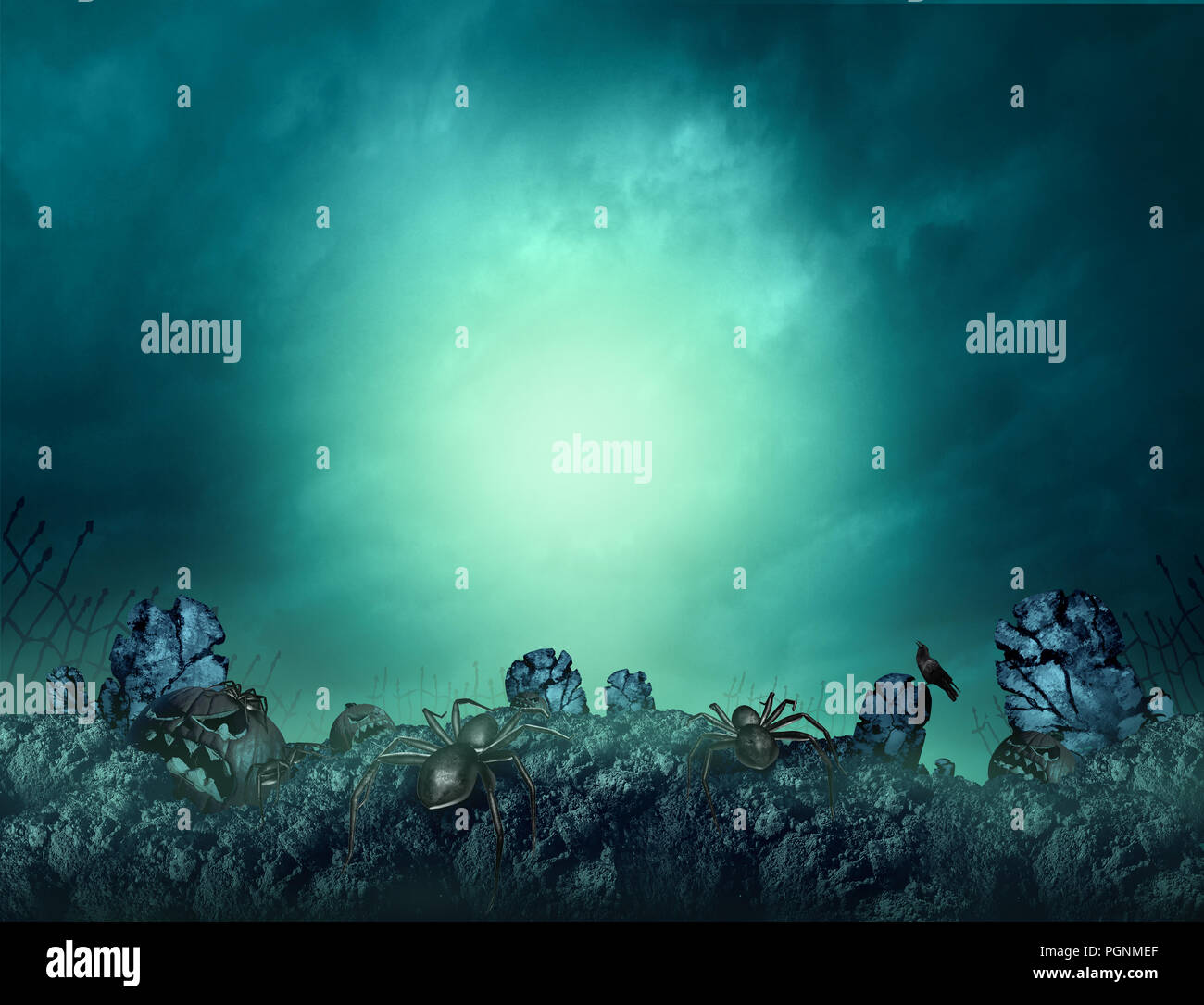 Haunted Friedhof und gruselige Friedhöfe halloween gruselig und unheimlich leuchtenden Hintergrund mit Copyspace für Text mit 3D-Illustration Elemente. Stockfoto