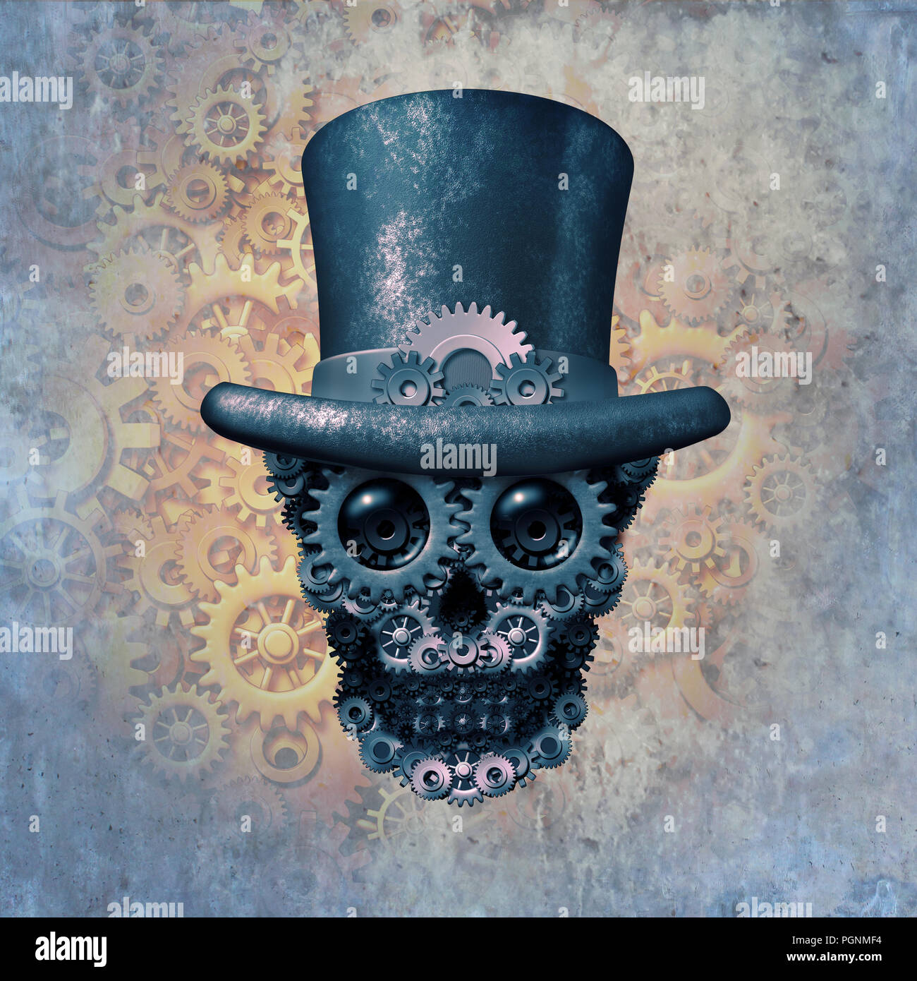 Steampunk Schädel Konzept oder Steam Punk science fiction historische fantasy mit einer Gruppe von Getriebe und Zahnräder als Kopf Skelett geprägt. Stockfoto