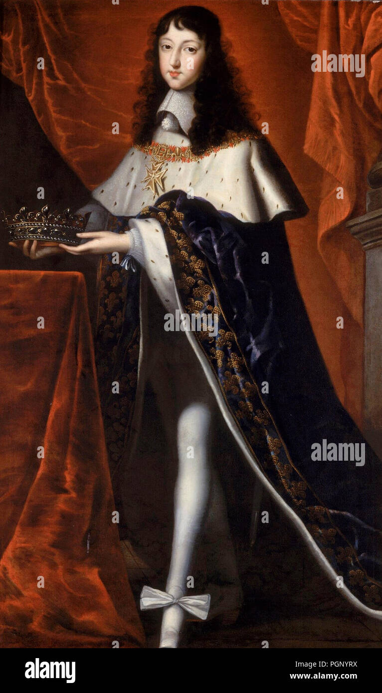 Philippe de France, Herzog von Anjou das Tragen der Kleidung, die er mit seinem Bruder Krönung trug; er hält die Krone eines Sohnes von Frankreich, ca. 1654 Stockfoto