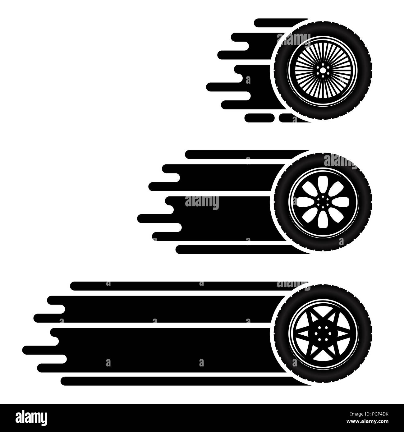 Satz von drei Auto Räder mit dem Verschieben von Tracks auf weißem Hintergrund Stock Vektor