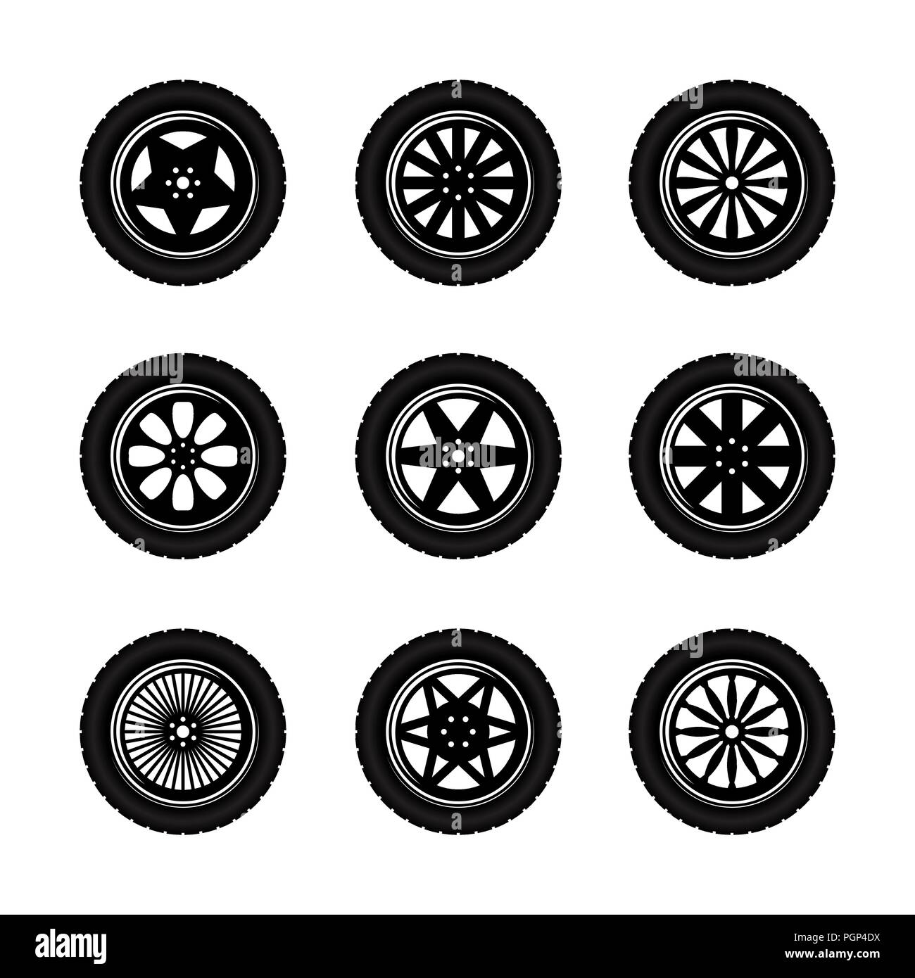 Satz von neun Räder mit Reifen Titel Silhouetten Stock Vektor