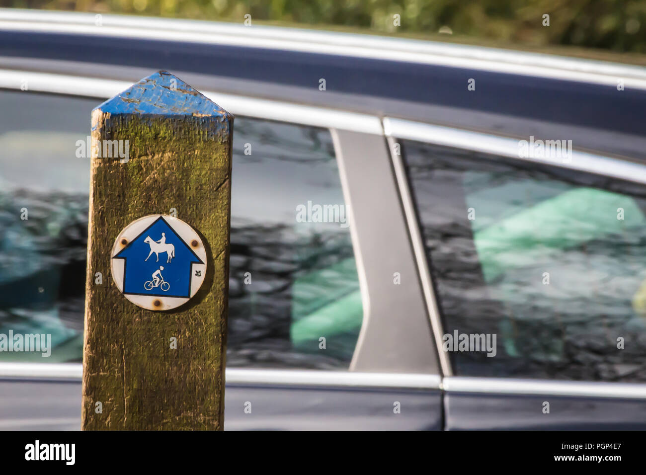 Ein öffentlicher Weg Zeichen zeigen Richtungen für Pferd, Reiter und Radfahrer; ein Auto im Hintergrund; britische Landschaft Stockfoto