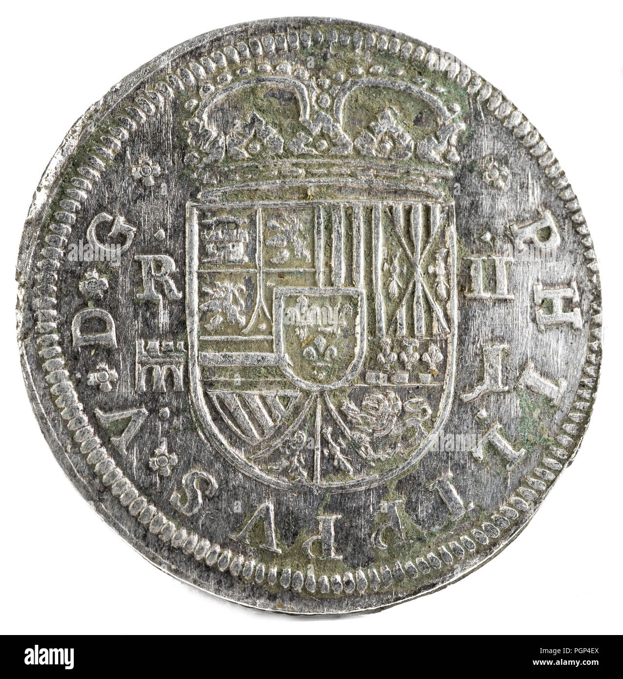 Alte spanische Silbermünze der König Felipe V. 1717. In Segovia geprägt. 2 Reales. Vorderseite. Stockfoto