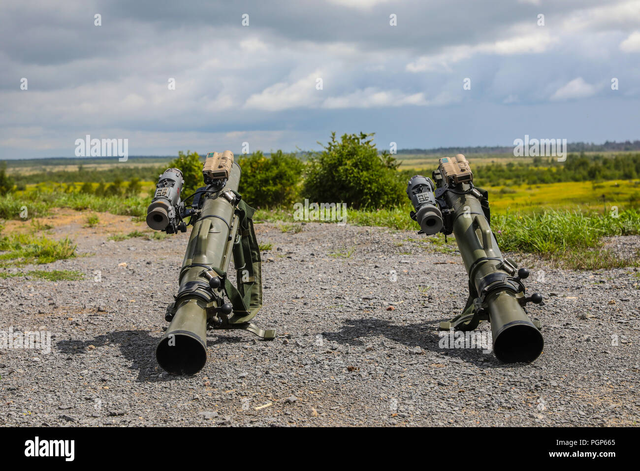 Die Carl Gustaf Recoiless Gewehr mit einem neuen Targeting System, die Ihnen helfen, Soldaten mehr mit dieser Waffe System genau gesehen, 12.08.22, 2018 in Fort Drum. Stockfoto