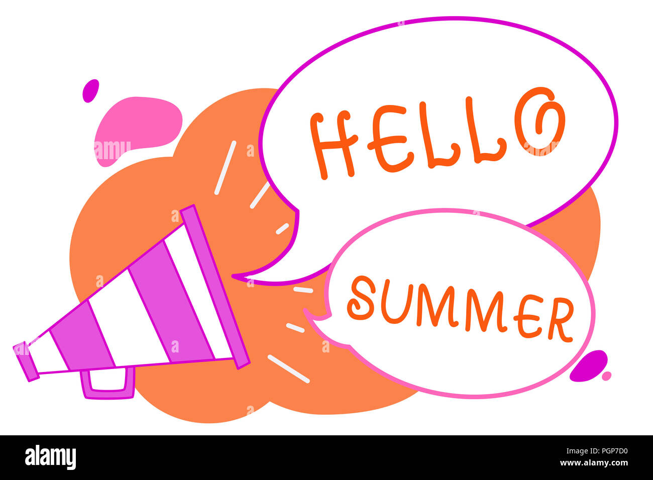 Handschrift Text schreiben Hallo Sommer. Begriff Sinne begrüßte die wärmste Jahreszeit kommt nach Frühling Megaphon Lautsprecher Sprechblase Stockfoto