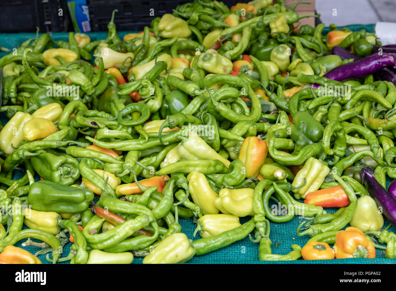 Stapel von Paprika verschiedener Art, überwiegend grün; Food Market, San Francisco, Kalifornien Stockfoto