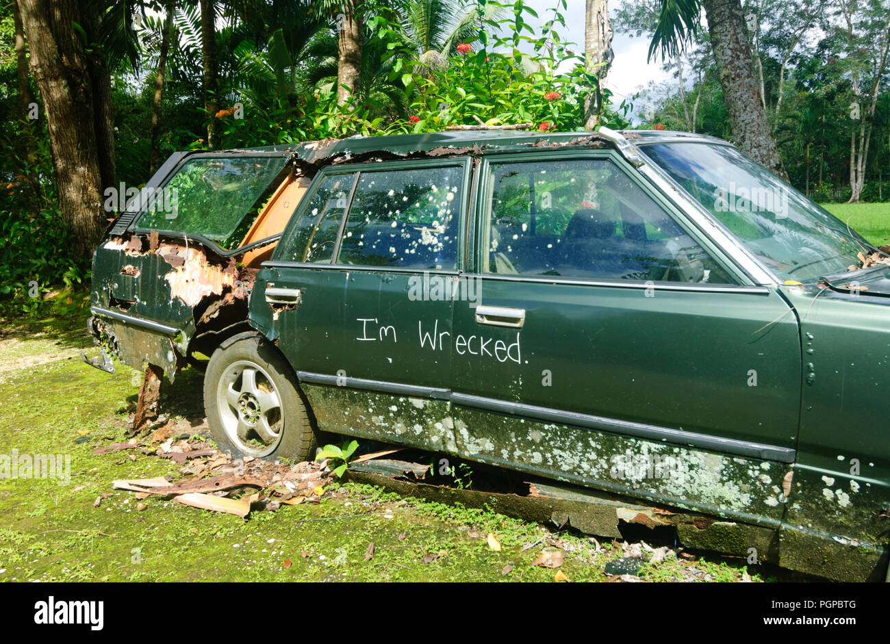 Humorvoll Graffiti auf eine zertruemmerten Auto, Borneo, Sabah, Malaysia Stockfoto