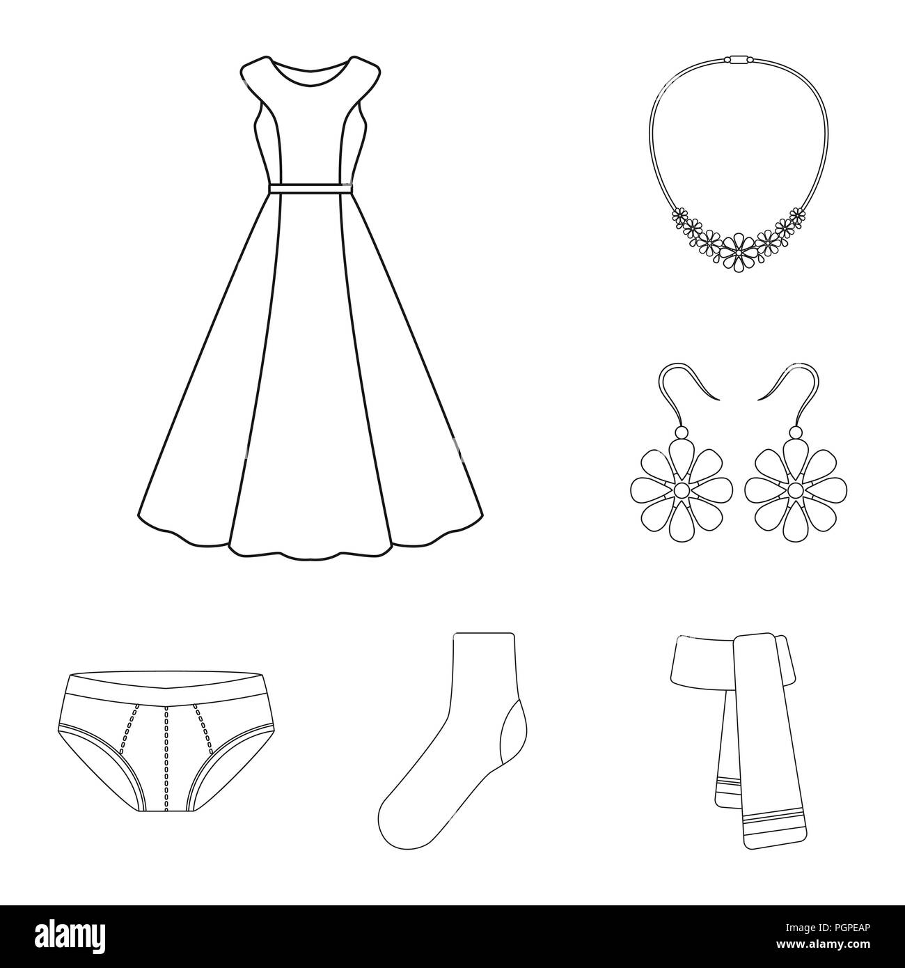 Kleidung und Accessoires Umrisse Symbole im Set Sammlung für Design. Schuhe und Dekoration vektor Symbol lieferbar Abbildung. Stock Vektor